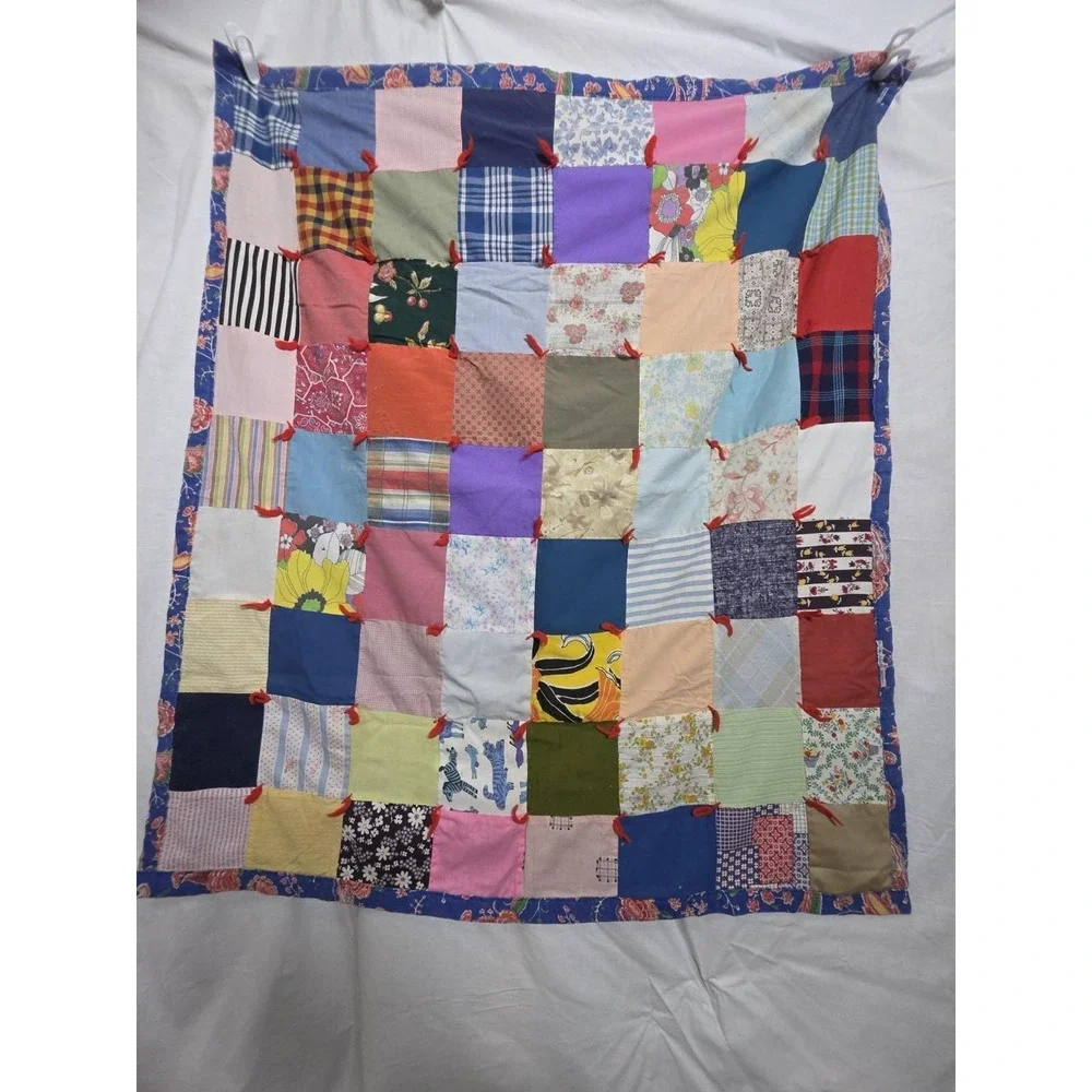 Vintage Handmade Patchwork Tied Quilt 47x40 Cotton Poly Scrap Fabric Folk Art